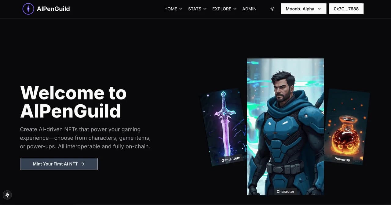 AIPenGuild homepage with its NFT character artwork.