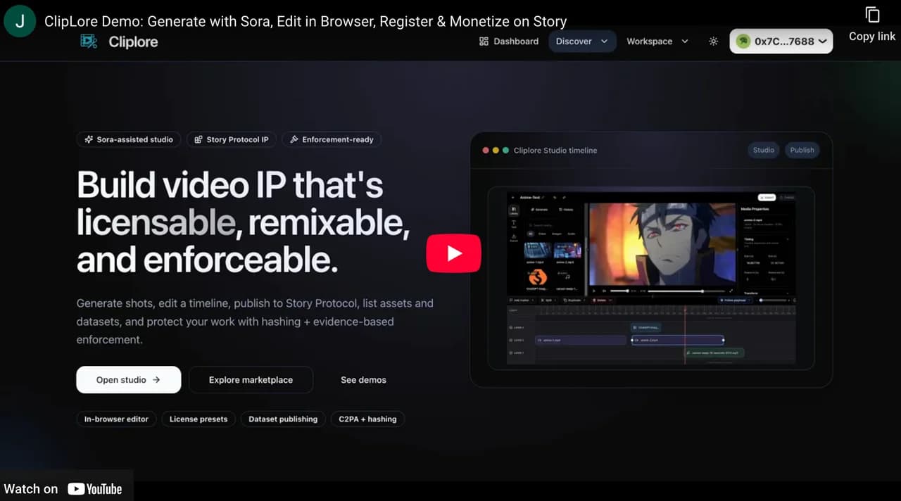 ClipLore video IP studio homepage in the hackathon demo.
