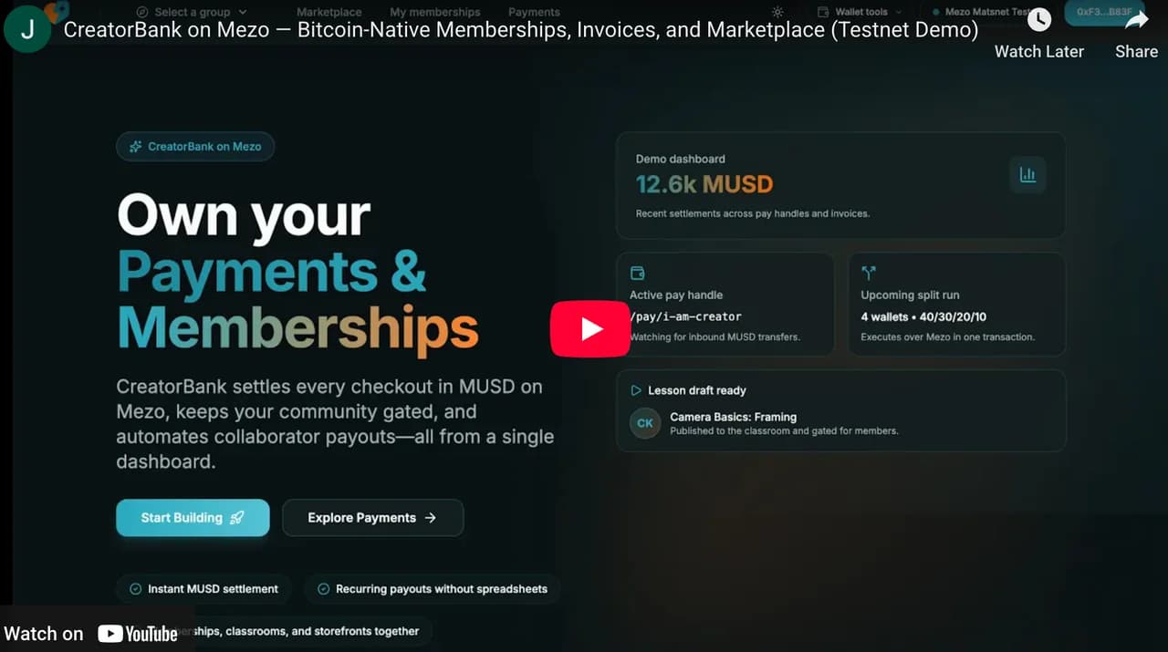 CreatorBank payments and memberships homepage in the project demo.