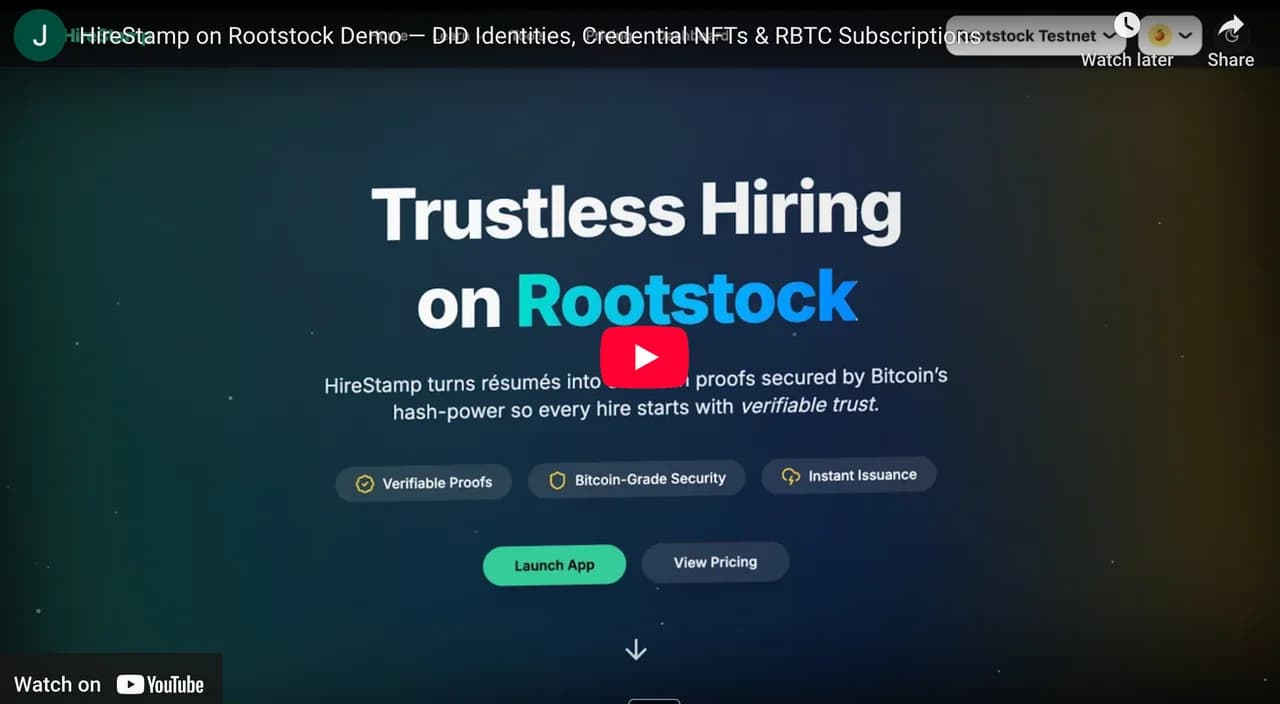 HireStamp Rootstock hiring homepage in the project demo.