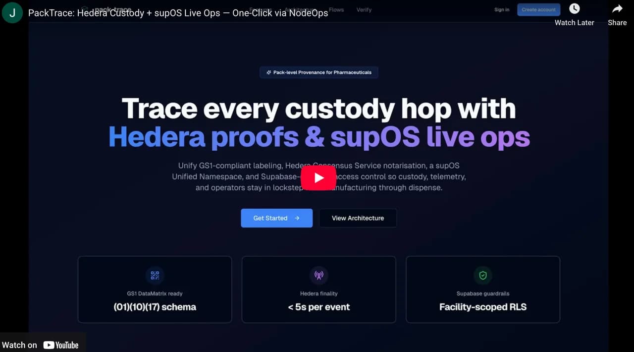 PackTrace medicine traceability homepage in the project demo.