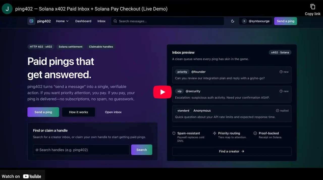 Ping402 paid inbox homepage in the project demo.
