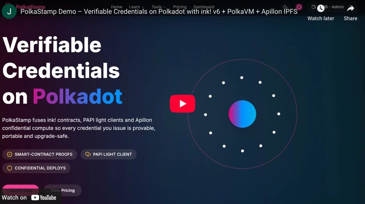 PolkaStamp verifiable credentials homepage in the project demo.