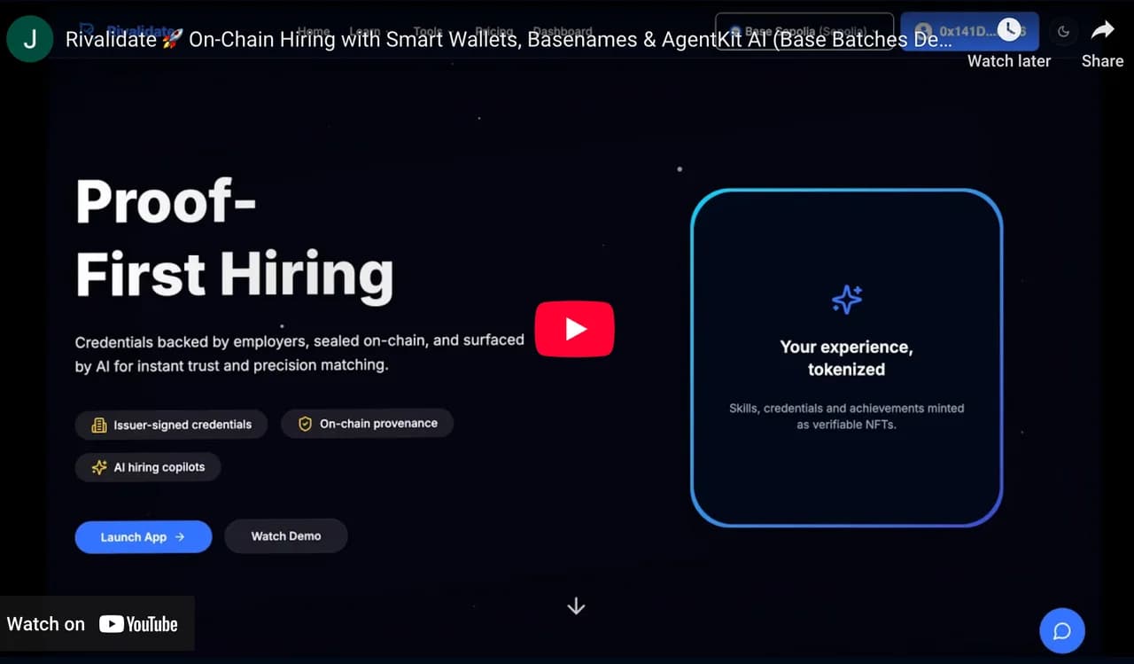 Rivalidate on-chain hiring homepage in the project demo.