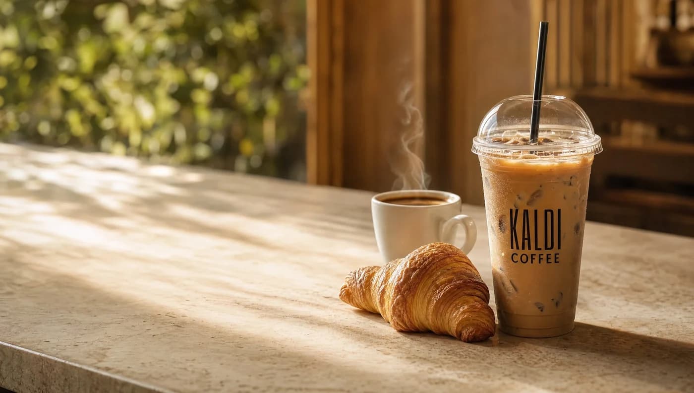 Kaldi Coffee project artwork with iced coffee and a croissant
