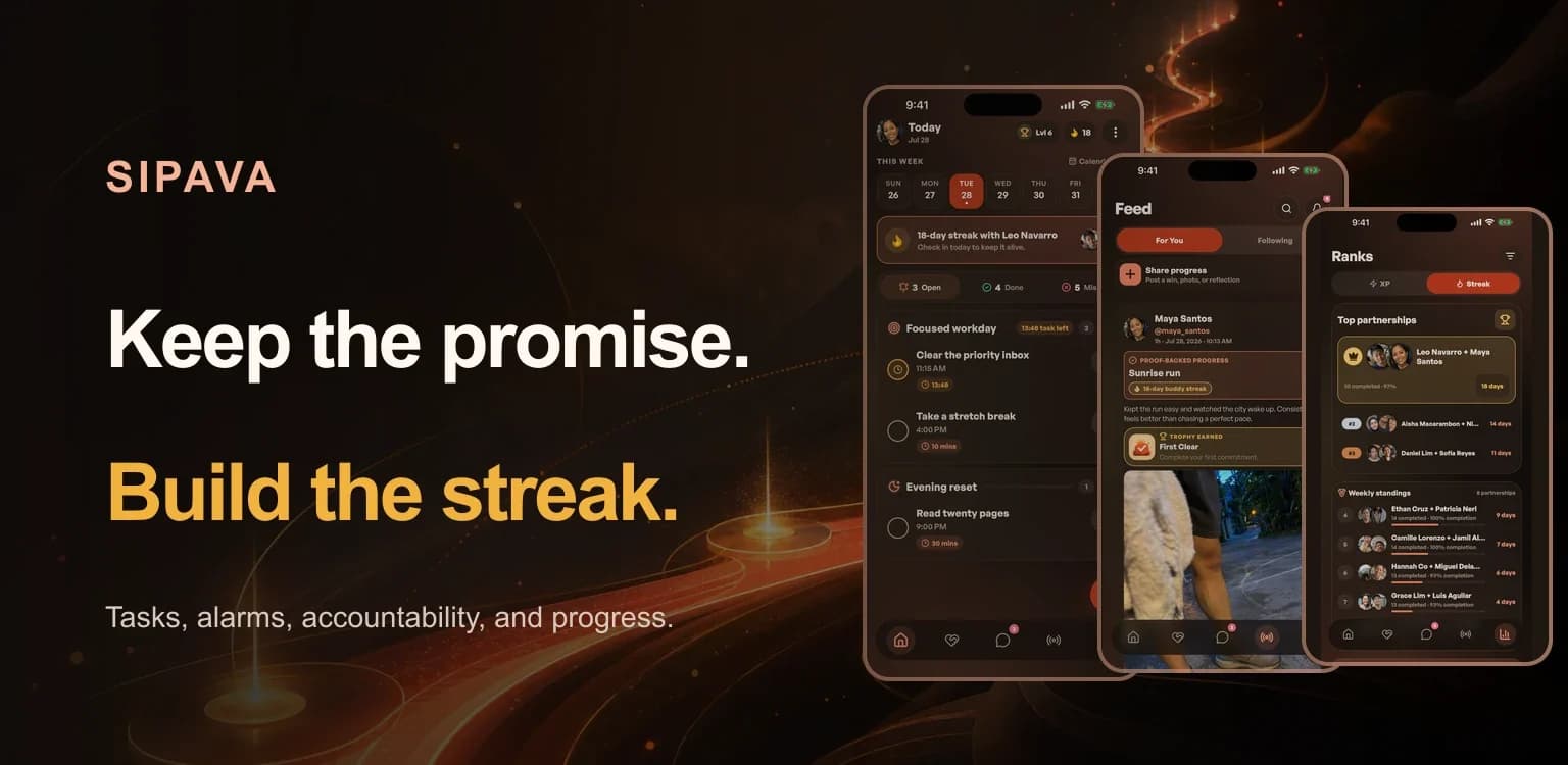 Sipava campaign artwork showing its task, accountability feed, and streak screens with showcase data