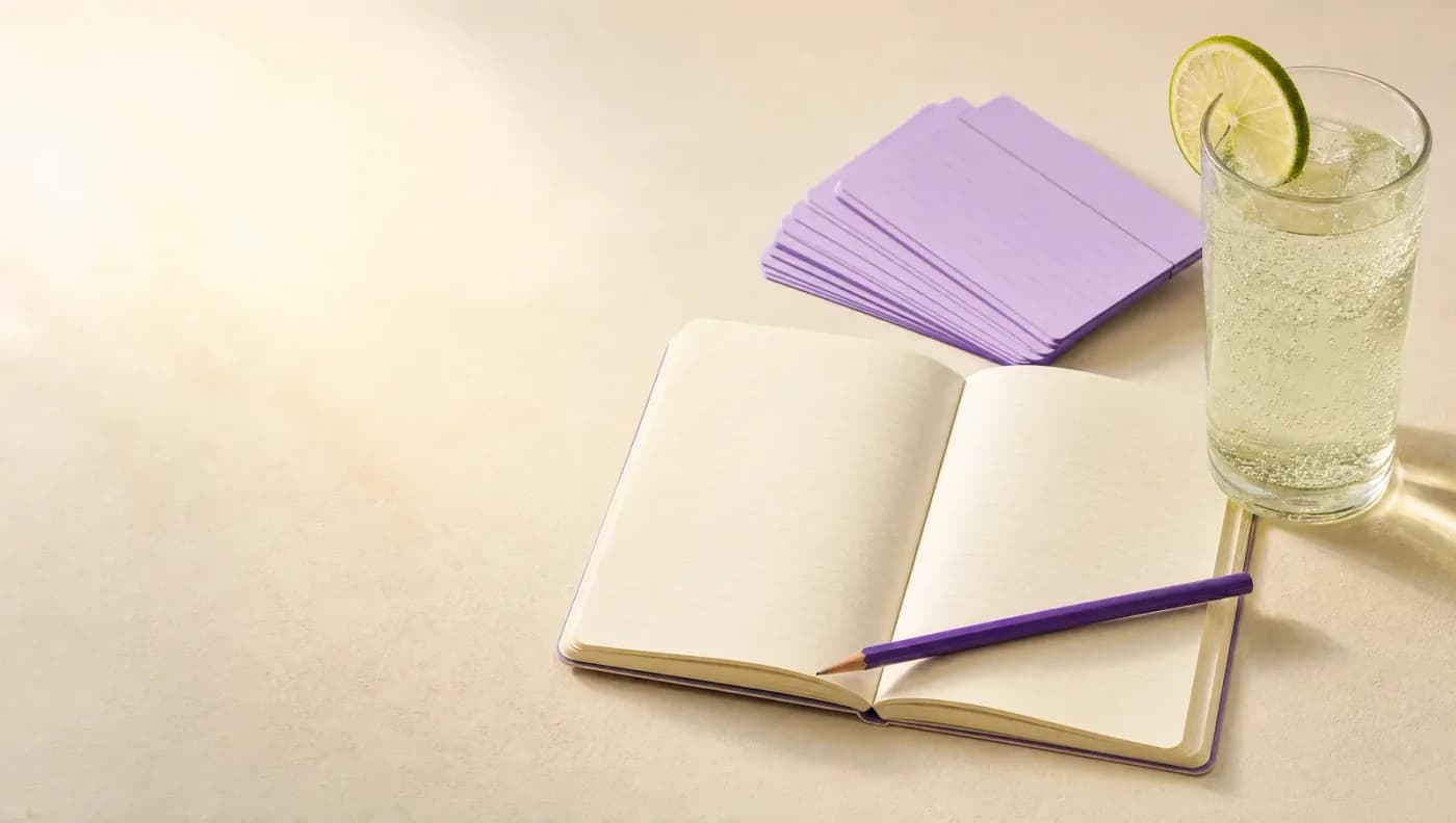 StudySoda brand artwork with lavender flashcards, an open notebook, and a lime soda