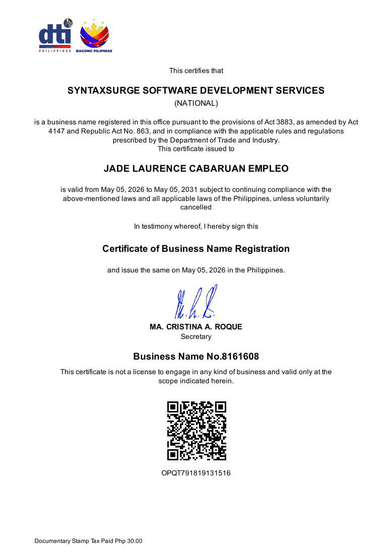 Preview of the DTI certificate for SyntaxSurge Software Development Services
