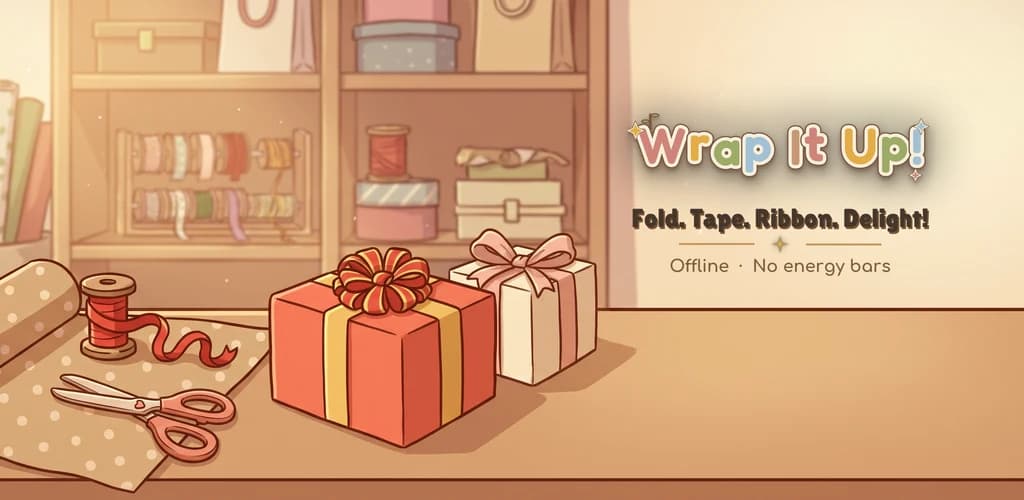 Wrap It Up! game artwork with paper, ribbon, scissors, and two wrapped gifts in a cozy shop