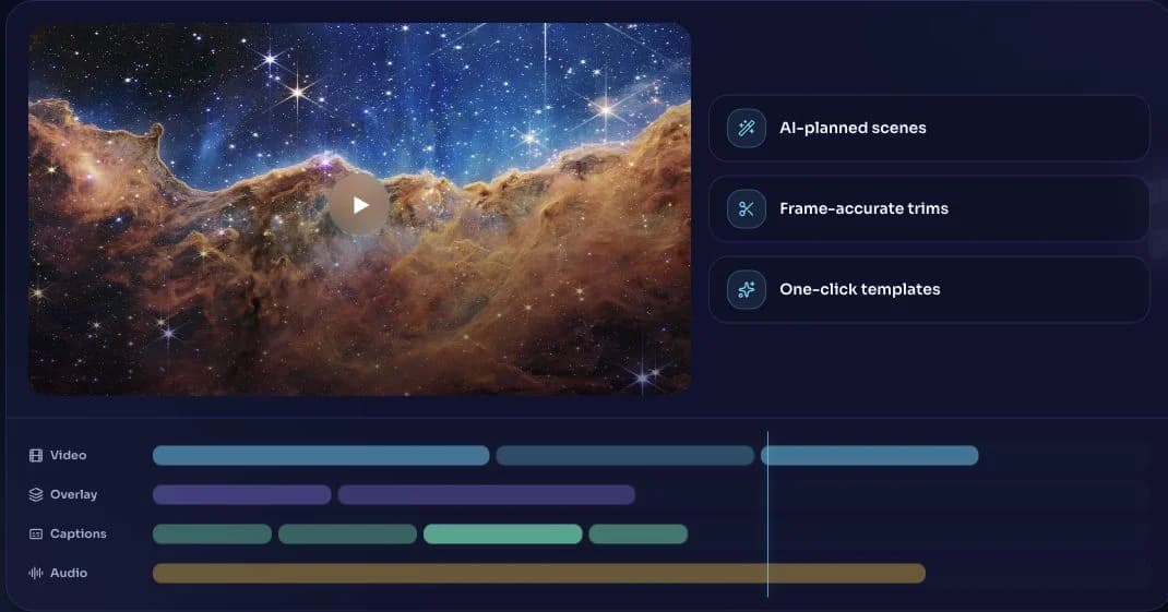 ClipLore.ai homepage preview with a video canvas and layered timeline
